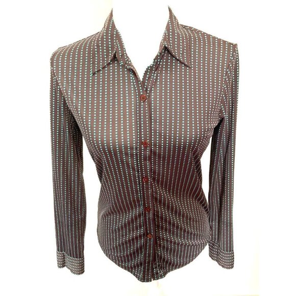 Express World Brand Chocolate Brown Teal Blue Swiss Dot Button Down Small - Picture 1 of 6